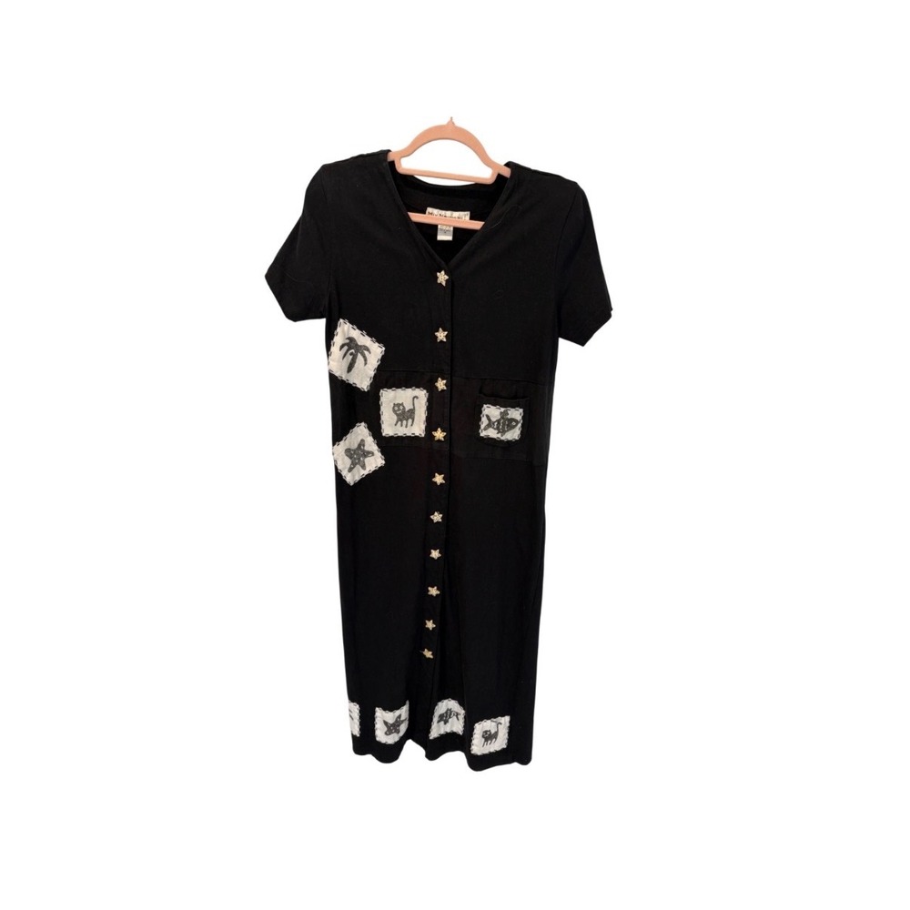 Vintage 90s Mix Nouveau Cat Fish Patchwork Star Button Maxi Dress